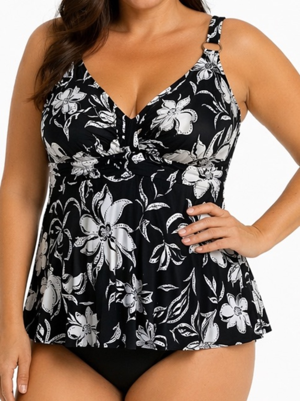 Black White Floral One Piece Swimsuit Skirted Tummy Control